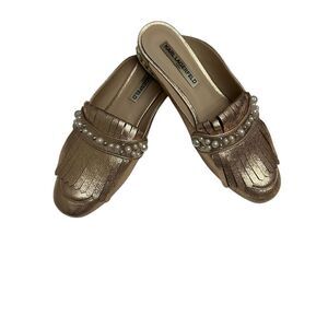 Karl Lagerfeld Pearl-Trimmed Metallic Bronze Fringe Loafers Size 9.5M